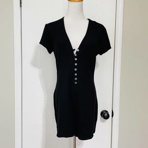 Reformation L Ribbed Romper Bodysuit Shorts Black Henley Stretch Short Sleeve